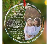 Décoration de Noël 2025 avec photo et inscription « To My Bonus Mom » en verre - Cadeau de Noël de fils et de fille - Photo de famille - Nom personnalisé - Décoration de sapin de Noël