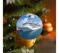 Décoration de Noël 2025 en céramique à suspendre - 7,1 cm - Rond - Décoration de sapin de Noël - Navires de croisière - Ornements souvenirs avec corde dorée pour cheminée, décoration de fête de