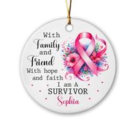 Décoration de Noël 2025 en céramique, motif lutte contre le cancer du sein, personnalisable avec la famille et les amis avec espoir et foi, I Am A Survivor, ruban souvenir en céramique