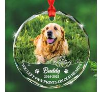 Décoration de Noël 2025 en verre avec image de chien amoureux - Avec inscription « You Left Paw Prints On Our Hearts » - Photo et nom personnalisés - Ailes d'ange - Cadeau pour la perte de chien et