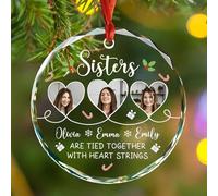 Décoration de Noël 2025 en verre « Sister are Tied Together with Heart Strings » - Décoration de sapin de Noël personnalisée avec photo de trois sœurs - Cadeau pour meilleures amies - Décoration de