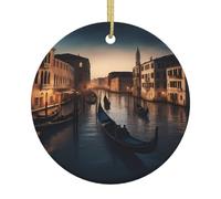 Décoration de Noël à suspendre avec motif Venise Night - Décoration en céramique - Pendentif rond en porcelaine