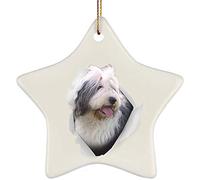 Décoration De Noël Céramique Décoration Sapin avec Ficelle Dorée Déco De Noël Drôle De Vieux Chien De Berger Anglais Gris Sortant d'un Mur Fissuré