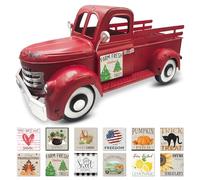 Décoration de Noël de Jardin de Voiture, Pot de Fleurs de Camion Vintage en Métal de 34cm avec 12 Saisons Signes Magnétiques, Contenants pour Plantes de Camion pour Table, Balcon de Jardin, Rouge