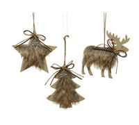 Décoration de Noël en bois - 12 cm x 3 pièces - Cerf - Étoile - Avec fourrure synthétique - Animaux de la forêt - Rennes - Marron naturel