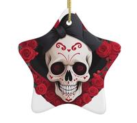 Décoration de Noël en céramique à suspendre en forme d'étoile avec motif tête de mort de sorcière WHJSSF avec cordon métallique perforé et doré