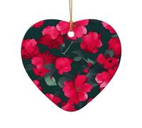 Décoration de Noël en céramique à suspendre en forme d'étoile ou de cœur - Décoration d'intérieur - Motif fleurs rouges et roses