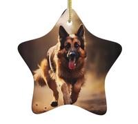 Décoration de Noël en céramique à suspendre en forme d'étoile représentant un berger allemand HJFCZH en cours d'exécution - Design exquis - 7,9 x 7,9 cm