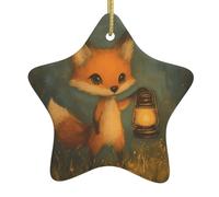 Décoration de Noël en céramique à suspendre en forme d'étoile WHJSHOP Petit renard tenant une lanterne avec cordon métallique perforé et doré
