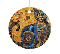 Décoration de Noël en céramique abstraite colorée en forme de chat 7,6 cm - Décoration ronde double face à suspendre pour maison, fête, hôtel, cadeau pour enseignant, voisin, ami