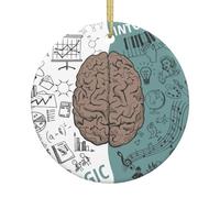 Décoration de Noël en céramique avec fonction cerveau gauche et droit, boule ronde imprimée double face avec ficelle dorée pour décoration de sapin de Noël, maison, magasin et bureau