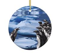 Décoration de Noël en céramique avec imprimé pingouin, boule ronde imprimée double face avec ficelle dorée pour décoration de sapin de Noël, maison, magasin et bureau