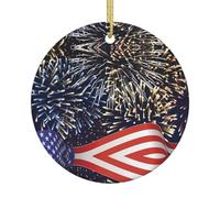 Décoration de Noël en céramique avec motif feu d'artifice, boule ronde imprimée double face avec ficelle dorée pour décoration de sapin de Noël, maison, magasin et bureau