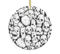 Décoration de Noël en céramique avec motif tête de mort, boule ronde imprimée double face avec ficelle dorée pour décoration de sapin de Noël, maison, magasin et bureau