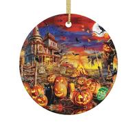 Décoration de Noël en céramique avec motif tête de mort pour Halloween, boule ronde imprimée double face avec ficelle dorée pour décoration de sapin de Noël, maison, magasin et bureau