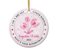 Décoration de Noël en céramique avec nom personnalisé pour le cancer du sein 2025, « I Am A Breast Cancer Survivor What's Your Superpower », décoration de Noël personnalisée contre le cancer du sein