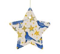 Décoration de Noël en céramique de 6,8 cm - Imprimé étoile oiseau double face en porcelaine imprimée à suspendre avec ficelle dorée, décoration de vacances vintage pour sapin de Noël, cheminée, cadeau