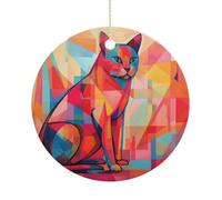Décoration de Noël en céramique en forme de chat d'art moderne du milieu du siècle, 7,6 cm - Décoration ronde double face à suspendre pour maison, fête, hôtel, cadeau pour enseignant, voisin, ami