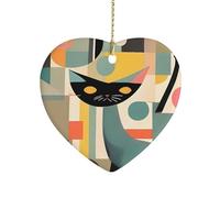 Décoration de Noël en céramique en forme de chat d'art moderne du milieu du siècle - Pendentif à suspendre en porcelaine - Impression double face - Ornement d'arbre de Noël pour cadeaux souvenirs de