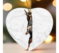 Décoration de Noël en céramique en forme de cœur avec chien Doberman qui regarde autour d'un coin - Décoration de sapin de Noël - Pendentif amusant - Boule, souvenir de vacances, Nouvel An, cadeaux