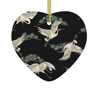 Décoration de Noël en céramique en forme de cœur avec grue japonaise et pin