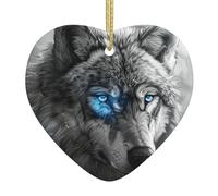 Décoration de Noël en céramique en forme de cœur avec imprimé loup aux yeux bleus