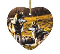 Décoration de Noël en céramique en forme de cœur avec imprimé loups