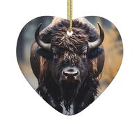 Décoration de Noël en céramique en forme de cœur avec motif de bison d'Amérique du Nord - Convient pour Noël et fêtes de famille