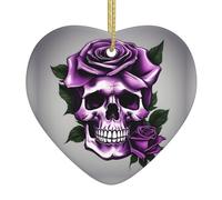 Décoration de Noël en céramique en forme de cœur avec motif tête de mort et rose violette