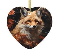 Décoration de Noël en céramique en forme de cœur avec renard et fleurs, idéale pour Noël et fêtes de famille