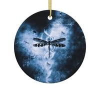 Décoration de Noël en céramique en forme de libellule noire, boule ronde imprimée double face avec ficelle dorée pour décoration de sapin de Noël, maison, magasin et bureau