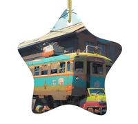 Décoration de Noël en céramique en forme d'étoile MJHKXLJ Dilapidée Vieille voiture imprimée Accessoires d'arbre de Noël pour centres commerciaux, fenêtres et bureaux