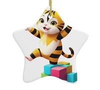 Décoration de Noël en céramique en forme d'étoile WHJSSF Chaton dans le monde coloré Impression pour décorations de vacances dans les centres commerciaux, supermarchés et maisons