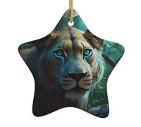 Décoration de Noël en céramique en forme d'étoile YYHHAOFA Lionne aux yeux bleus et verts Accessoires pour sapin de Noël