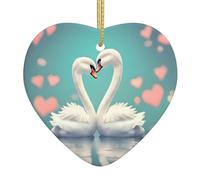 Décoration de Noël en céramique imprimée en forme de cœur avec motif de cygne amoureux. Convient pour les fêtes de fin d'année, les souvenirs.