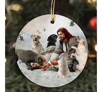 Décoration De Noël en Céramique Jesús Rodeado De Perros Pendentifs en Porcelaine Rond Décorations De Noël pour Papa Maman Parents 7.3CM