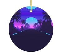 Décoration de Noël en céramique Motif autoroute tardive de nuit, boule ronde imprimée double face avec ficelle dorée pour décoration de sapin de Noël, maison, magasin et bureau