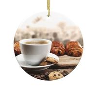 Décoration de Noël en céramique, motif café et collations, boule ronde imprimée double face avec ficelle dorée pour décoration de sapin de Noël, maison, magasin et bureau