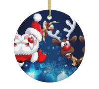 Décoration de Noël en céramique, motif Père Noël et cerf - Boule ronde imprimée double face avec ficelle dorée pour décoration de sapin de Noël, maison, magasin et bureau