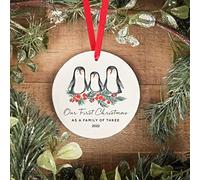 Décoration De Noël en Céramique Notre Premier en Tant Que Famille De Trois Souvenirs De Noë Festive Et Cadeau Décoration en Céramique pour Pendaison De Crémaillère Maman 7.3Cm