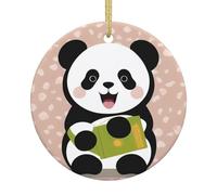 Décoration de Noël en céramique panda mignon - Boule ronde imprimée double face avec ficelle dorée pour décoration de sapin de Noël, maison, magasin et bureau