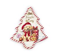 Décoration de Noël en forme d'arbre, dessous de plat avec chiot festif, bord rayé rouge et blanc, design 'Jingle all the way', décoration de maison en porcelaine