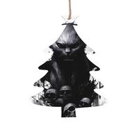 Décoration de Noël en forme de chat avec tête de mort et chauve-souris imprimée - 1 pièce - Pendentif de Noël en bois à suspendre pour sapin de Noël - Décoration d'intérieur et d'extérieur