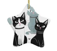Décoration de Noël en forme de chat noir et blanc en forme d'étoile en céramique à suspendre pour sapin de Noël avec corde dorée Pendentifs en porcelaine pour décoration de fête de Noël