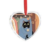 Décoration de Noël en forme de chaton mignon dans une poche en jean, décoration en forme de cœur en verre, 8,9 x 7,5 cm, décoration à suspendre pour mariage, cadeau de Saint-Valentin, décoration de