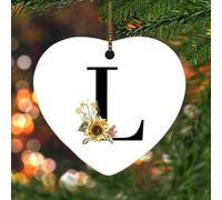 Décoration de Noël en forme de cœur avec monogramme noir en forme de tournesol - Lettre L - En céramique - Pour sapin de Noël, fiançailles, souvenir, cadeaux de mariage pour couples