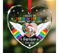 Décoration de Noël en forme de cœur en mémoire de chien, photo personnalisée pour animal de compagnie décédé, décoration de Noël en verre « I Crossed The Rainbow Bridge » - Cadeau pour propriétaire