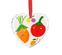 Décoration de Noël en forme de cœur en verre avec fruits et légumes de dessin animé, 8,9 x 7,5 cm, décoration à suspendre pour mariage, cadeau de Saint-Valentin, décoration de festival