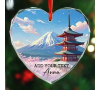 Décoration de Noël en forme de cœur en verre Fuji Mountain au Japon 2025, décoration de Noël personnalisée de la montagne Fujis, nom du texte personnalisé Incroyable ornements de paysage du mont Fuji