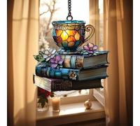 Décoration de Noël en forme de livre 2025 - Attrape-soleil, livres de fleurs et thé - Ornement attrape-soleil imitation taché - Fleur en acrylique B-ook S-unCatcher - Ornement B-ooks avec F-Lower